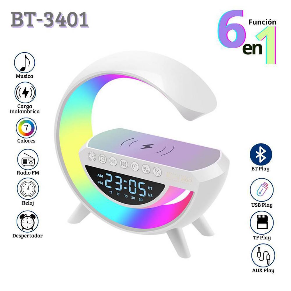 Parlante G 6 en 1 Luz Led Carga Inalámbrica Bluetooth Reloj